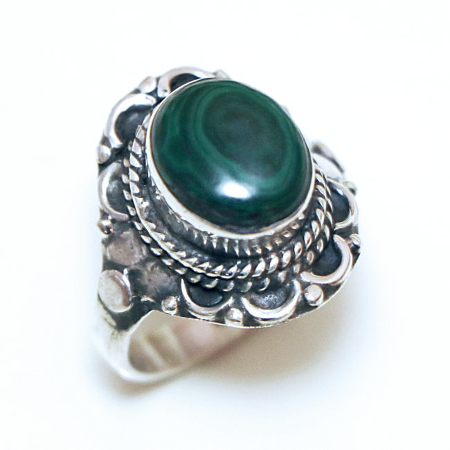 Bague filigranes argent 925 et Malachite - Inde 329 - M