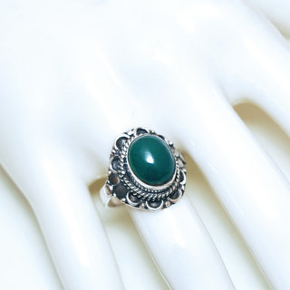 Bijoux ethniques Indiens bague en argent 925 massif femme pierre fine ovale filigranes Agate verte fonc - Inde 329Mb