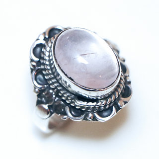 Bijoux ethniques Indiens bague en argent 925 massif femme pierre fine ovale filigranes Quartz rose clair - Inde 329Ma