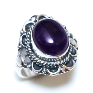 Bijoux ethniques Indiens bague en argent 925 massif femme pierre fine ovale filigranes Amthyste violet mauve - Inde 329Ma