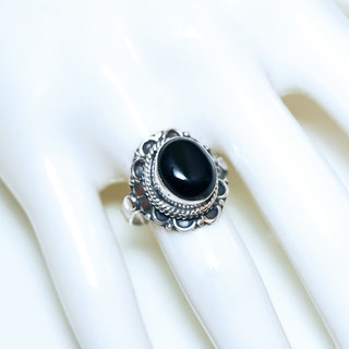 Bijoux ethniques Indiens bague en argent 925 massif femme pierre fine ovale filigranes Onyx noir fonc - Inde 329Mb