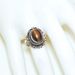 Bijoux ethniques Indiens bague en argent 925 massif femme pierre fine ovale filigranes Oeil de tigre marron - Inde 329Mb