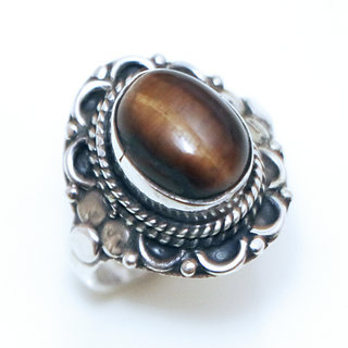 Bijoux ethniques Indiens bague en argent 925 massif femme pierre fine ovale filigranes Oeil de tigre marron - Inde 329Ma