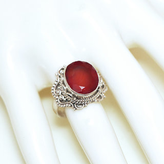 Bijoux ethniques Indiens bague argent 925 massif et pierre fine Cornaline orange ovale filigranes facettes - Inde 333b