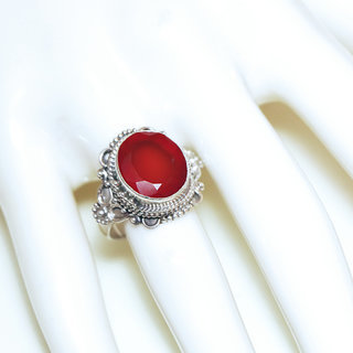 Bijoux ethniques Indiens bague argent 925 massif et pierre fine Cornaline orange ovale filigranes facettes - Inde 334b