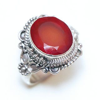 Bijoux ethniques Indiens bague argent 925 massif et pierre fine Cornaline orange ovale filigranes facettes - Inde 334a