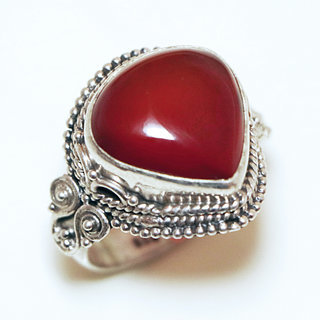 Bijoux ethniques Indiens bague argent 925 massif et pierre fine Cornaline orange grande goutte filigranes - Inde 336a