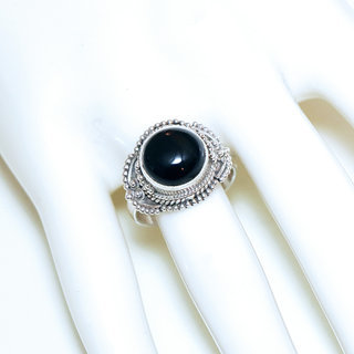 Bijoux ethniques Indiens bague argent 925 et pierre fine Onyx noir ronde filigranes - Inde 337b