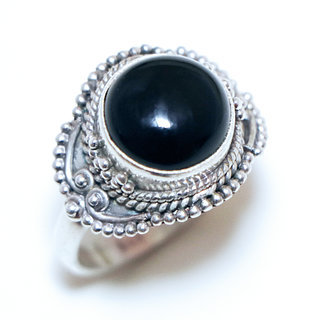 Bijoux ethniques Indiens bague argent 925 et pierre fine Onyx noir ronde filigranes - Inde 337a