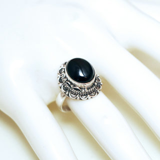 Bijoux ethniques Indiens bague argent 925 et pierre fine Onyx noir ovale dentelle filigranes - Inde 337b