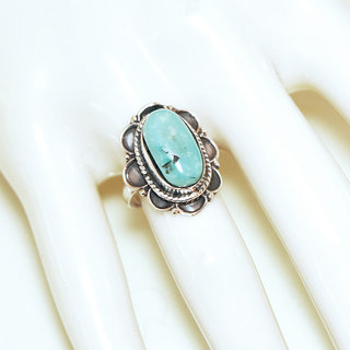 Bijoux ethniques Indiens bague argent 925 et pierre fine Turquoise naturelle vritable claire ovale filigranes - Inde 346b