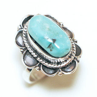 Bijoux ethniques Indiens bague argent 925 et pierre fine Turquoise naturelle vritable claire ovale filigranes - Inde 346a