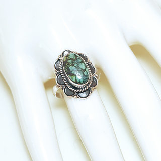 Bijoux ethniques Indiens bague argent 925 et pierre fine Turquoise naturelle vritable veine fonce ovale filigranes - Inde 346b