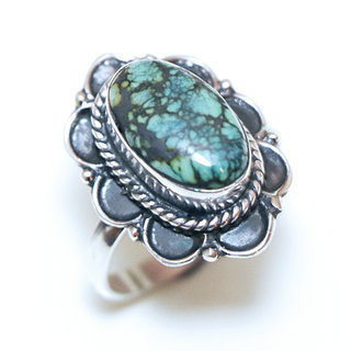 Bijoux ethniques Indiens bague argent 925 et pierre fine Turquoise naturelle vritable veine fonce ovale filigranes - Inde 346a