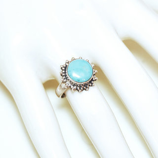 Bijoux ethniques Indiens bague argent 925 et pierre fine Turquoise naturelle vritable ronde soleil filigranes - Inde 347b