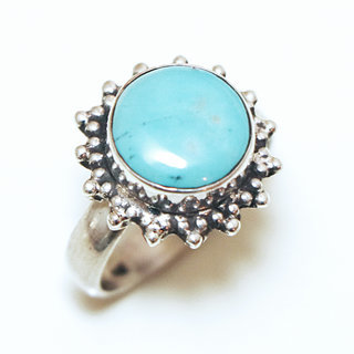 Bijoux ethniques Indiens bague argent 925 et pierre fine Turquoise naturelle vritable ronde soleil filigranes - Inde 347a