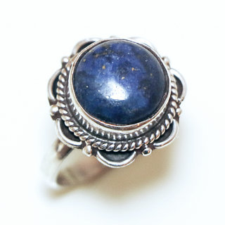 Bijoux ethniques Indiens bague argent 925 et pierre fine Lapis-Lazuli bleu fonc paillettes dentelle filigranes - Inde 348a