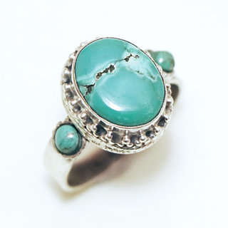 Bijoux ethniques indiens bague en argent massif 925 et pierre fine turquoise vritable naturelle ovale claire filigrane npalais - Npal 130a