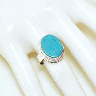 Bijoux ethniques indiens bague en argent massif 925 et pierre fine turquoise vritable naturelle ovale claire plate filigrane npalais - Npal 169b