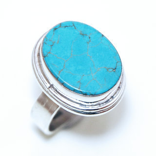 Bijoux ethniques indiens bague en argent massif 925 et pierre fine turquoise vritable naturelle ovale claire plate filigrane npalais - Npal 169a