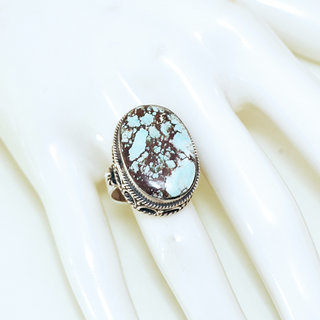 Bijoux ethniques indiens bague en argent massif 925 et pierre fine turquoise vritable naturelle grand ovale mouchet filigrane npalais - Npal 176b