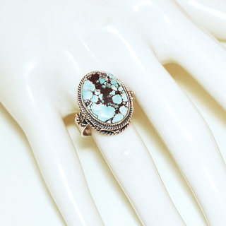 Bijoux ethniques indiens bague en argent massif 925 et pierre fine turquoise vritable naturelle grand ovale mouchet filigrane npalais - Npal 218b