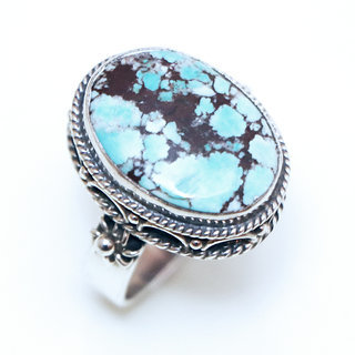 Bijoux ethniques indiens bague en argent massif 925 et pierre fine turquoise vritable naturelle grand ovale mouchet filigrane npalais - Npal 218a