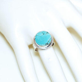 Bijoux ethniques indiens bague en argent massif 925 et pierre fine turquoise vritable naturelle ronde lisse npalais - Npal 219b