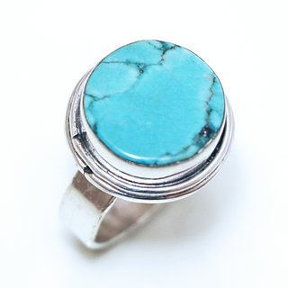 Bijoux ethniques indiens bague en argent massif 925 et pierre fine turquoise vritable naturelle ronde lisse npalais - Npal 219a