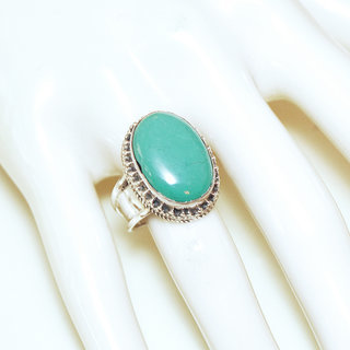 Bijoux ethniques indiens bague en argent massif 925 et pierre fine turquoise vritable naturelle grande ovale chevalire filigranes npalais - Npal 220b