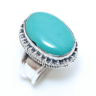 Bijoux ethniques indiens bague en argent massif 925 et pierre fine turquoise vritable naturelle grande ovale chevalire filigranes npalais - Npal 220a