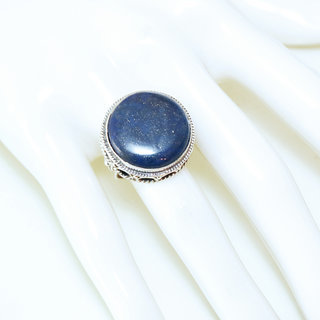 Bijoux ethniques indiens bague en argent massif 925 et pierre fine Lapis-Lazuli bleu fonc grande chevalire ronde bombe filigranes npalais - Npal 225b