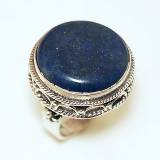 Bijoux ethniques indiens bague en argent massif 925 et pierre fine Lapis-Lazuli bleu fonc grande chevalire ronde bombe filigranes npalais - Npal 225a