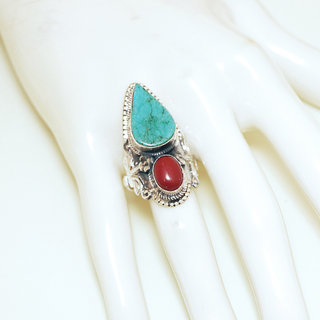 Bijoux ethniques indiens bague en argent massif 925 et pierre fine turquoise vritable naturelle Corail rouge longue goutte ovale filigranes npalais - Npal 226b