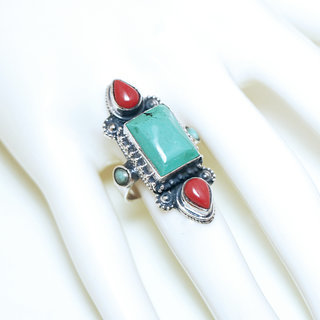 Bijoux ethniques indiens bague en argent massif 925 et pierre fine turquoise vritable naturelle Corail rouge longue goutte ovale filigranes npalais - Npal 227b