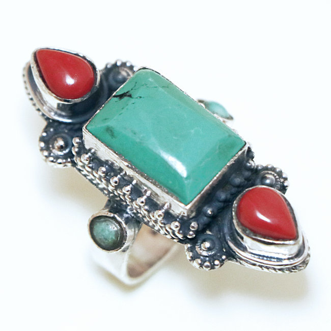 Bague argent 925 longue filigranes, Turquoise naturelle et Corail - Népal 227