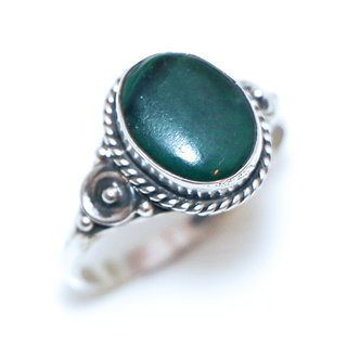 Bijoux ethniques Indiens bague en argent 925 massif fine femmes et pierre fine Malachite vert fonc marbr ovale filigranes spirales - Inde 063La