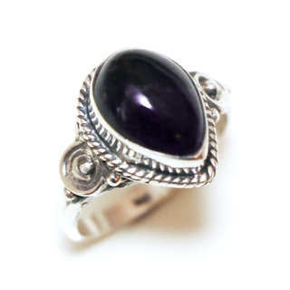 Bijoux ethniques Indiens bague argent 925 et pierre fine Amthyste violet mauve goutte filigranes - Inde 349a