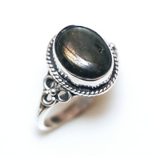 Bijoux ethniques Indiens bague argent pierres semi-prcieuses 925 et pierre fine Labradorite gris vert kaki ovale filigranes - Inde 350Ma