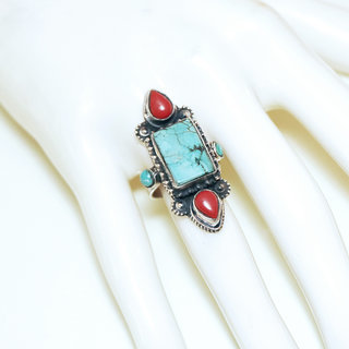 Bijoux ethniques indiens bague en argent massif 925 et pierre fine turquoise vritable naturelle Corail rouge longue goutte ovale filigranes npalais - Npal 300 b