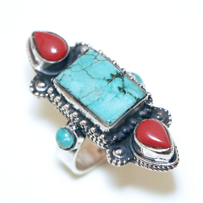 Bague en argent 925 longue filigranes Turquoise naturelle et Corail - Népal 300