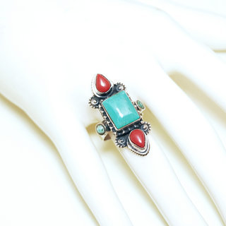 Bijoux ethniques indiens bague en argent massif 925 et pierre fine turquoise vritable naturelle Corail rouge longue goutte ovale filigranes npalais - Npal 313 b