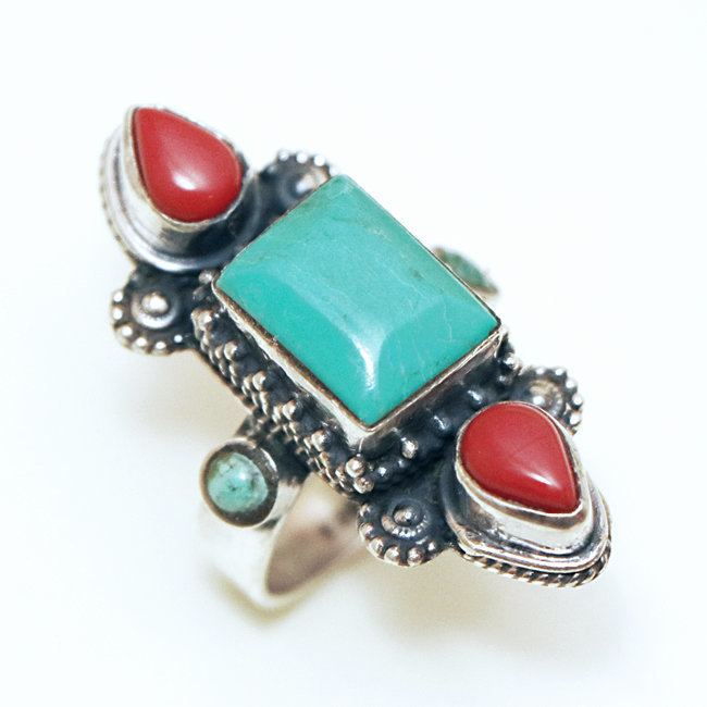 Bague argent 925 longue filigranes, Turquoise naturelle et Corail - Népal 313