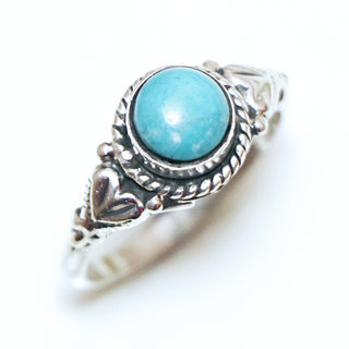 Bijoux ethniques Indiens bague en argent pierres semi-prcieuses 925 femmes et pierre fine vraie Turquoise naturelle vritable bleue petite ronde filigranes - Inde 367a