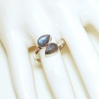 Bijoux ethniques indiens bague en argent pierres semi-prcieuses 925 massif femme pierre fine Labradorite gris bleu double goutte rglable ajustable ouverte - Inde 368b