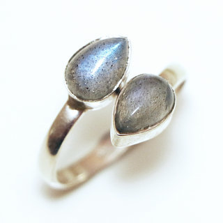 Bijoux ethniques indiens bague en argent pierres semi-prcieuses 925 massif femme pierre fine Labradorite gris bleu double goutte rglable ajustable ouverte - Inde 368a