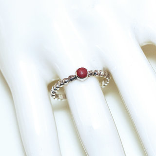 Bijoux ethniques Indiens bague en argent 925 massif femme et pierre fine Corail rouge ronde anneau fin perles perl - Inde 370b