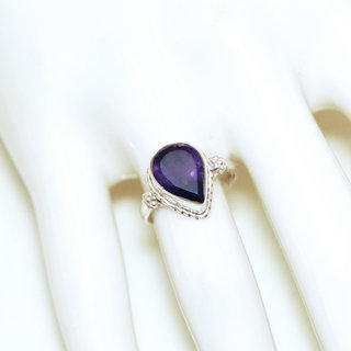 Bijoux ethniques Indiens bague en argent 925 massif femme et pierre fine Amthyste violet mauve ronde filigrane grave - Inde 378b