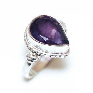 Bijoux ethniques Indiens bague en argent 925 massif femme et pierre fine Amthyste violet mauve ronde filigrane grave - Inde 378a