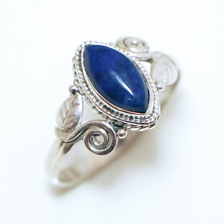 Bijoux ethniques Indiens bague en argent pierres semi-prcieuses 925 massif femme et pierre fine Lapis Lazuli bleu fonc marquise navette filigranes - Inde 389a